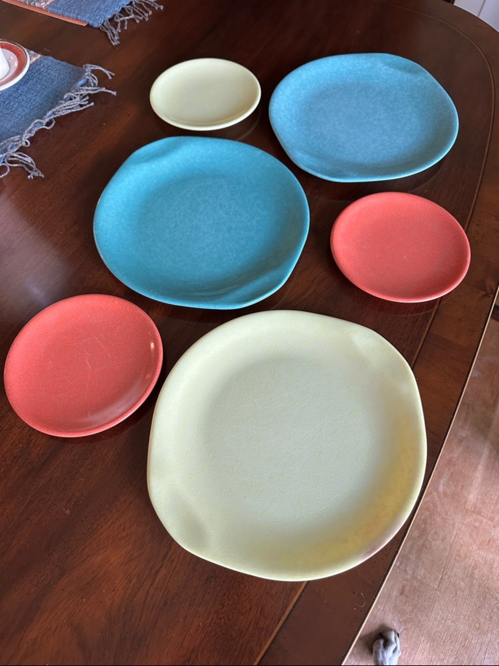 Russel Wright Multi-Color Melamine Plates Set - Yellow, Blue, Coral